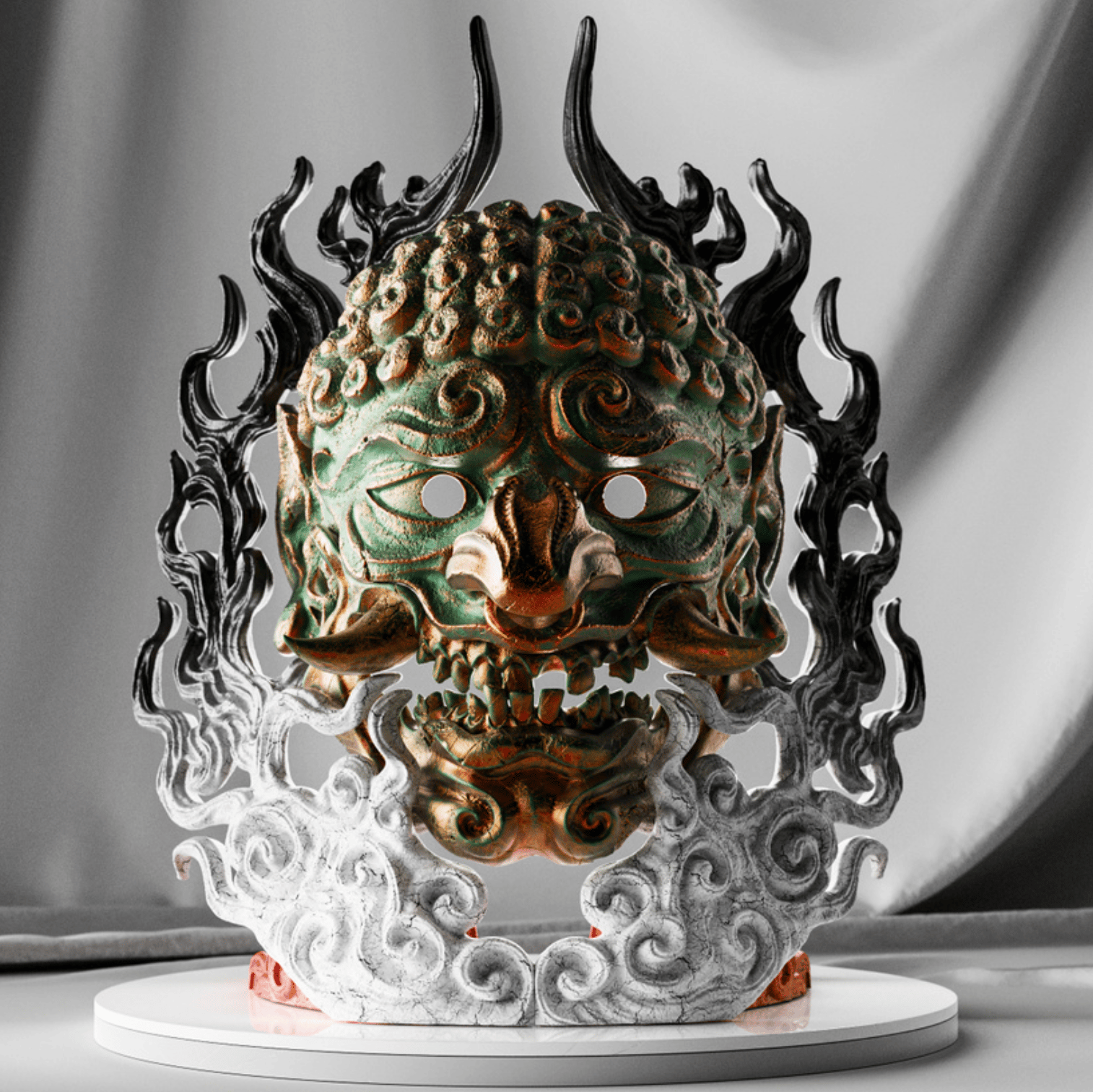Visage of Mt. Osore - Akudokuou Life-Sized Mask & Stand + Mini Mask — Painted