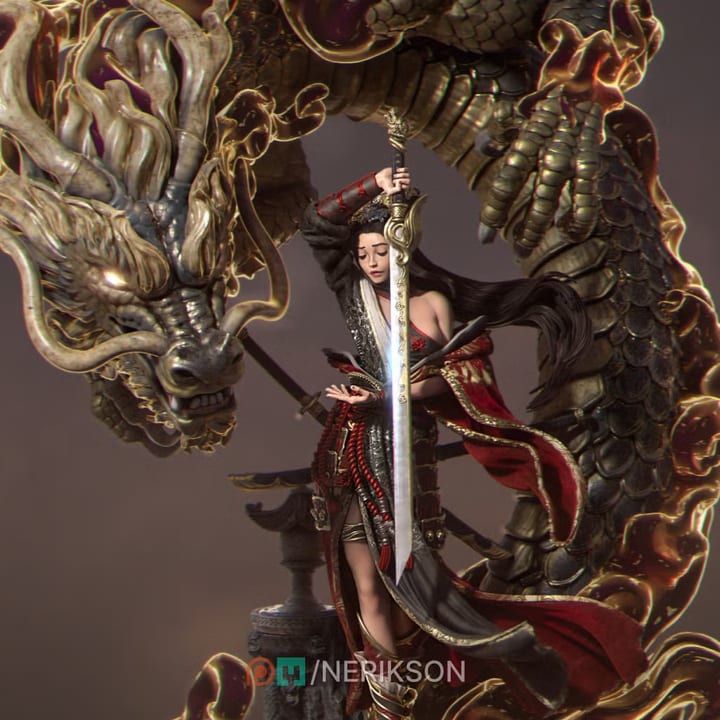Dream of the Golden Dragon — painted resin statue — by Nerikson