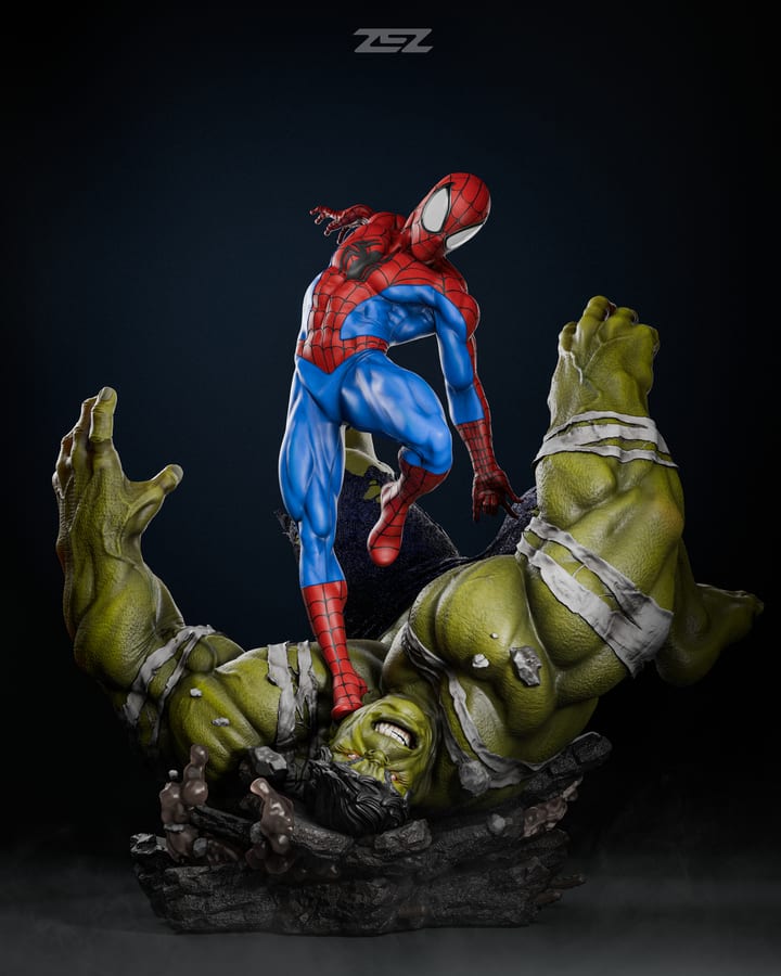 Spiderman vs Hulk — painted resin statue — by ZEZ